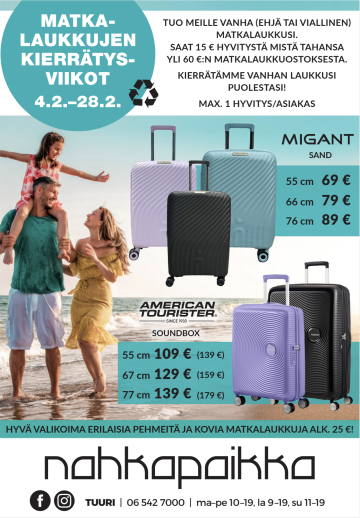 Matkalaukkujen kierrätysviikot Nahkapaikassa koko helmikuun.